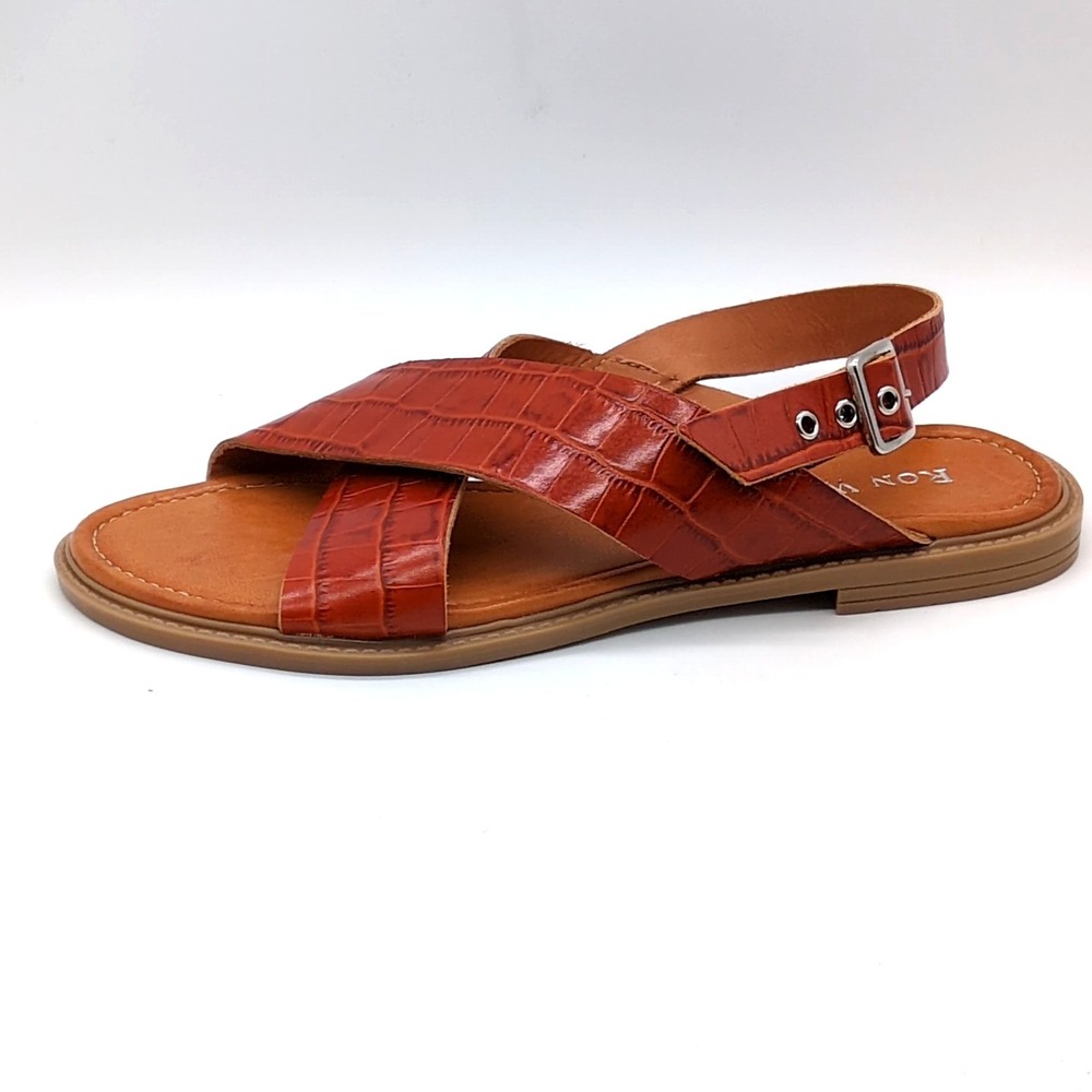 Ron White Shoes Womens  Brown Croc 40 Leather Slingback‎ Sandals Buckle Flat NEW